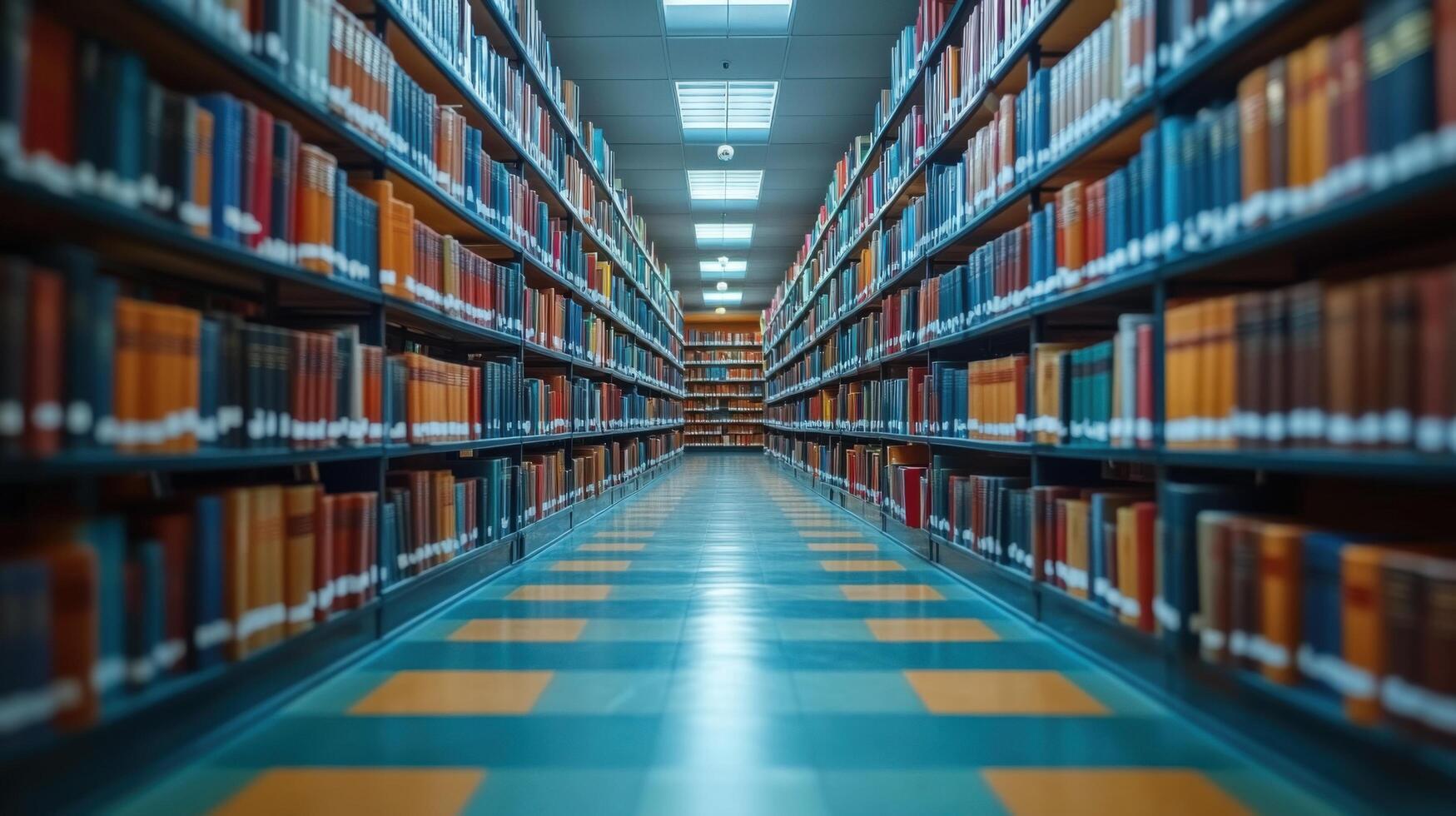 Bookshelves filled with colorful books in a spacious library with a quiet atmosphere photo