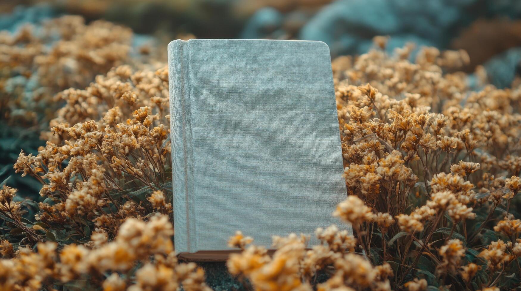 Nature embraces a book resting among yellow flowers in a serene outdoor setting at sunset photo