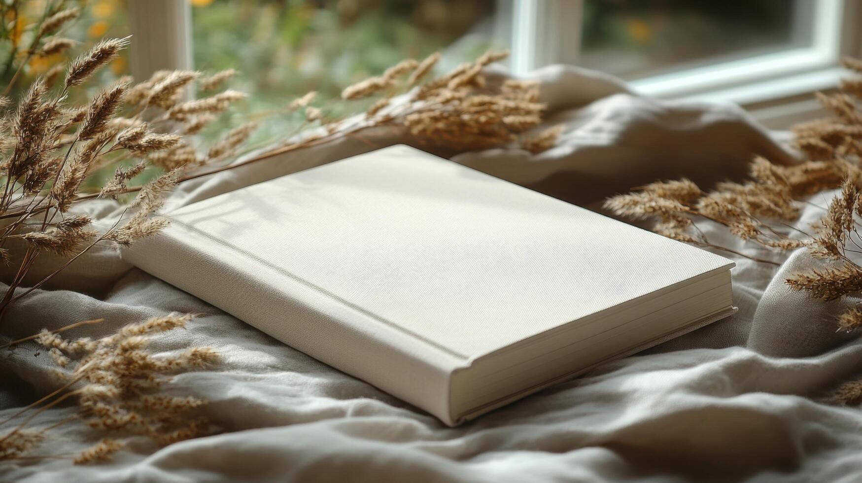 Blank book resting on soft fabric with dried plants by the window in cozy indoor setting photo