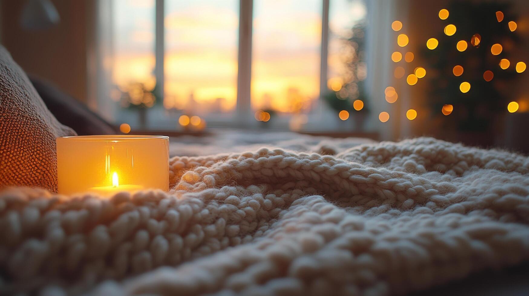 Cozy evening with a candle on a knitted blanket by the window during sunset photo