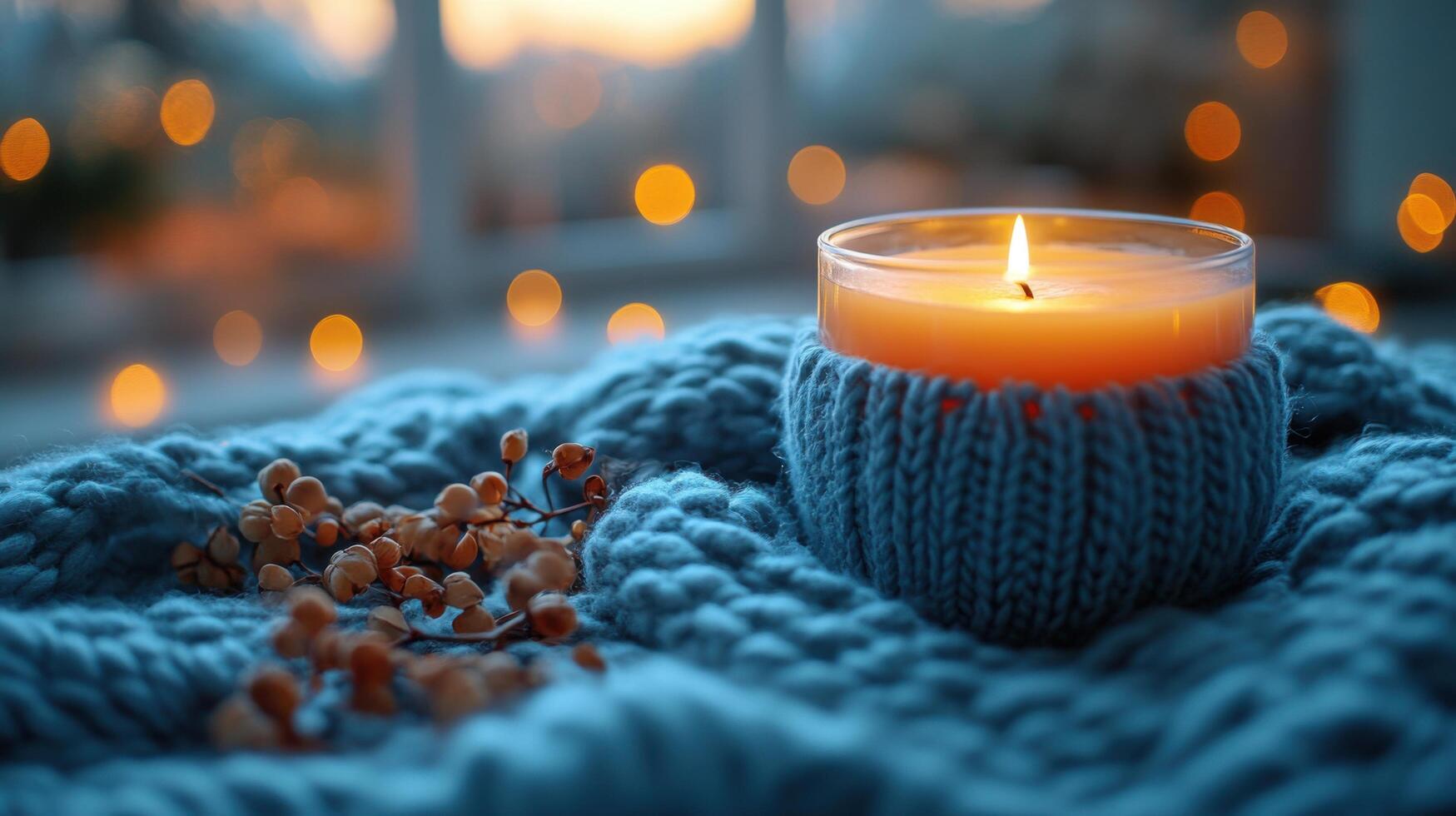 Cozy candle light illuminates a knitted blanket and dried berries during a serene evening indoors photo