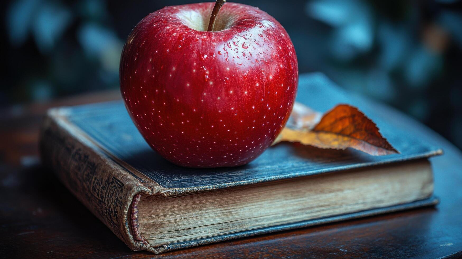 Red apple resting on an old book with a leaf, creating a cozy autumn atmosphere photo