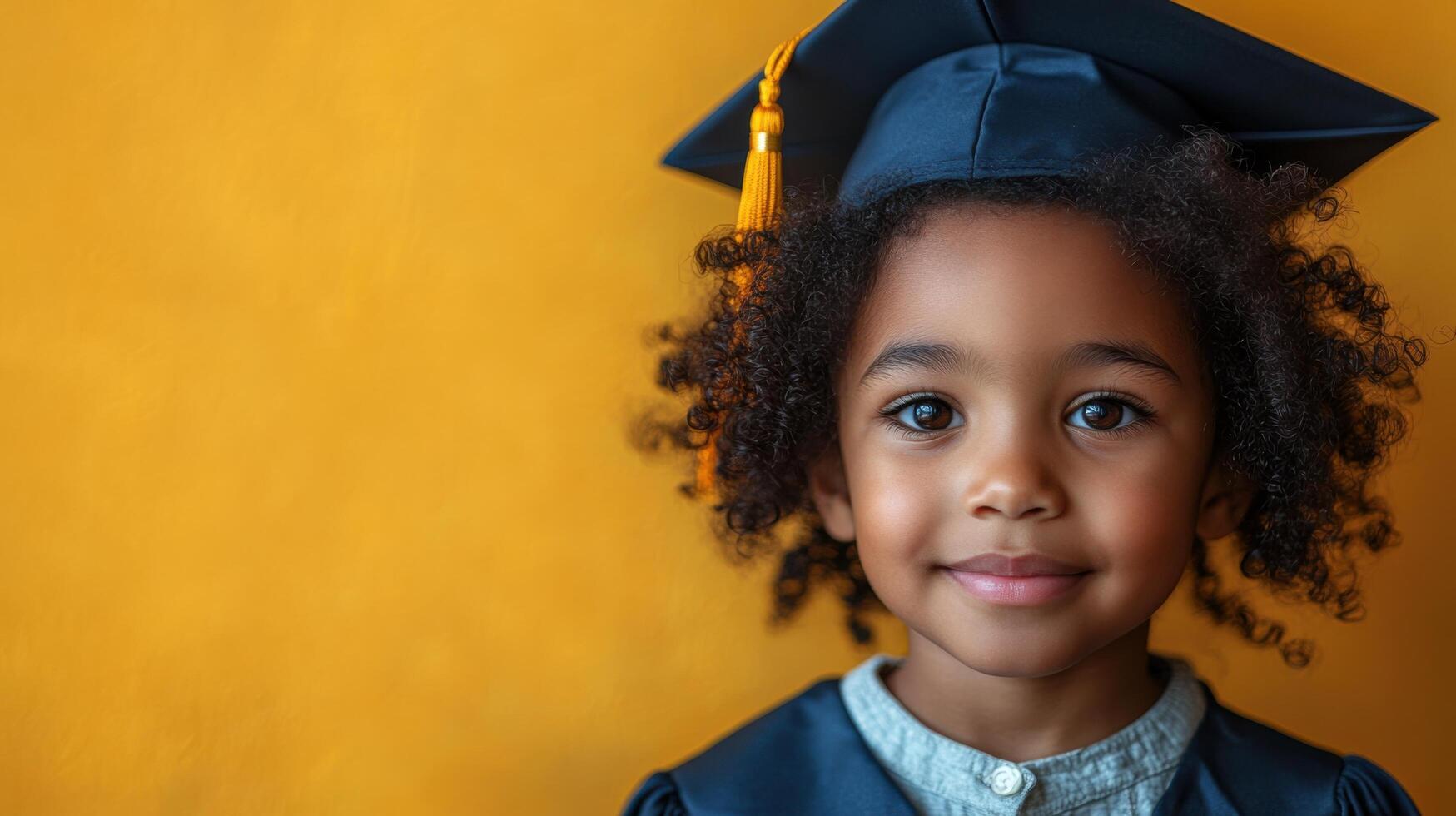 Young child graduates with pride and joy in front of a vibrant yellow background during a special ceremony photo