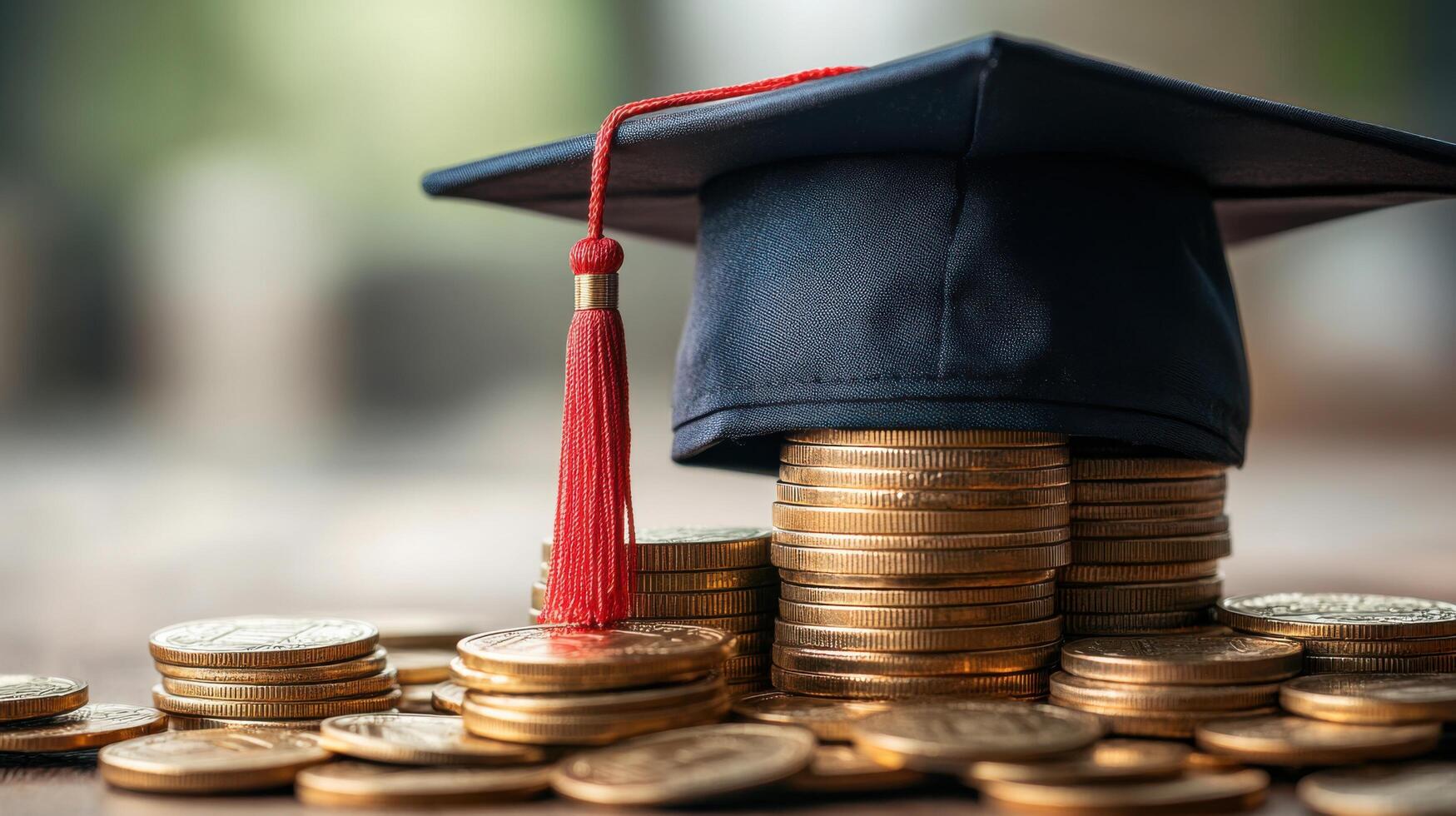 Graduation cap placed on stacks of gold coins symbolizes education's value and financial investment for future success photo