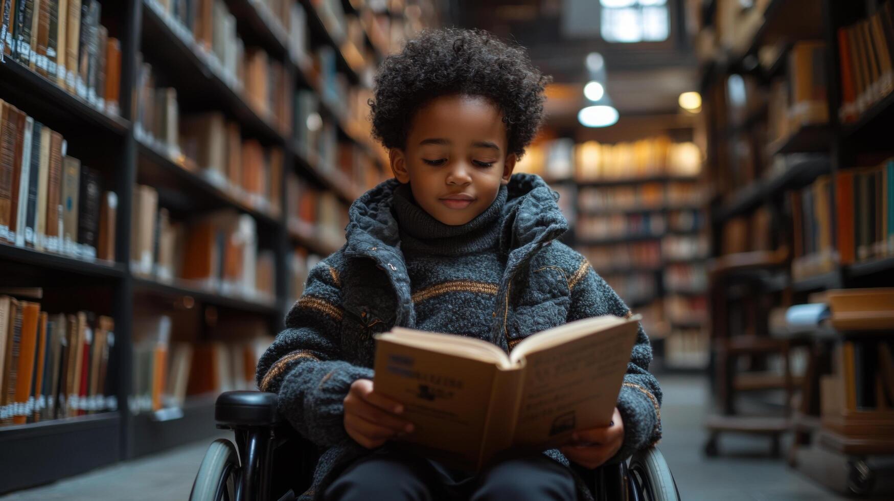 Young boy in wheelchair reading a book in a serene library filled with various bookshelves during daylight photo