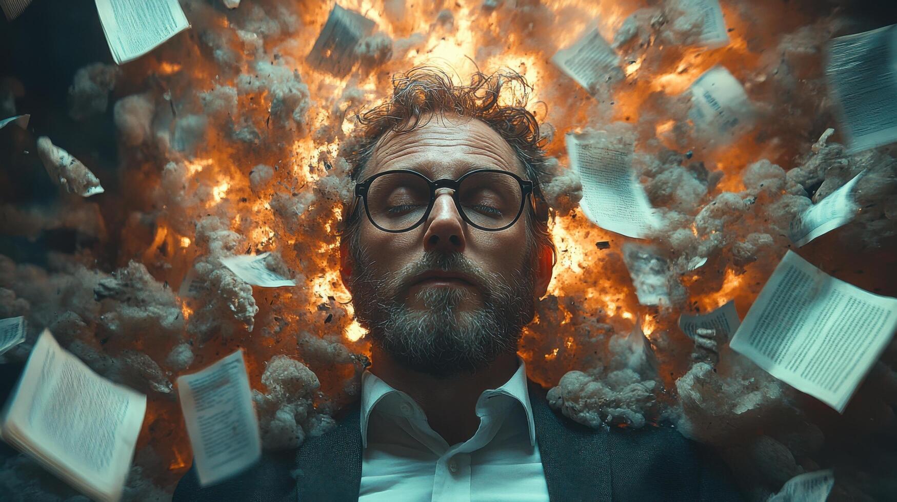 Man with glasses surrounded by flying papers and an explosion in an intense artistic composition photo
