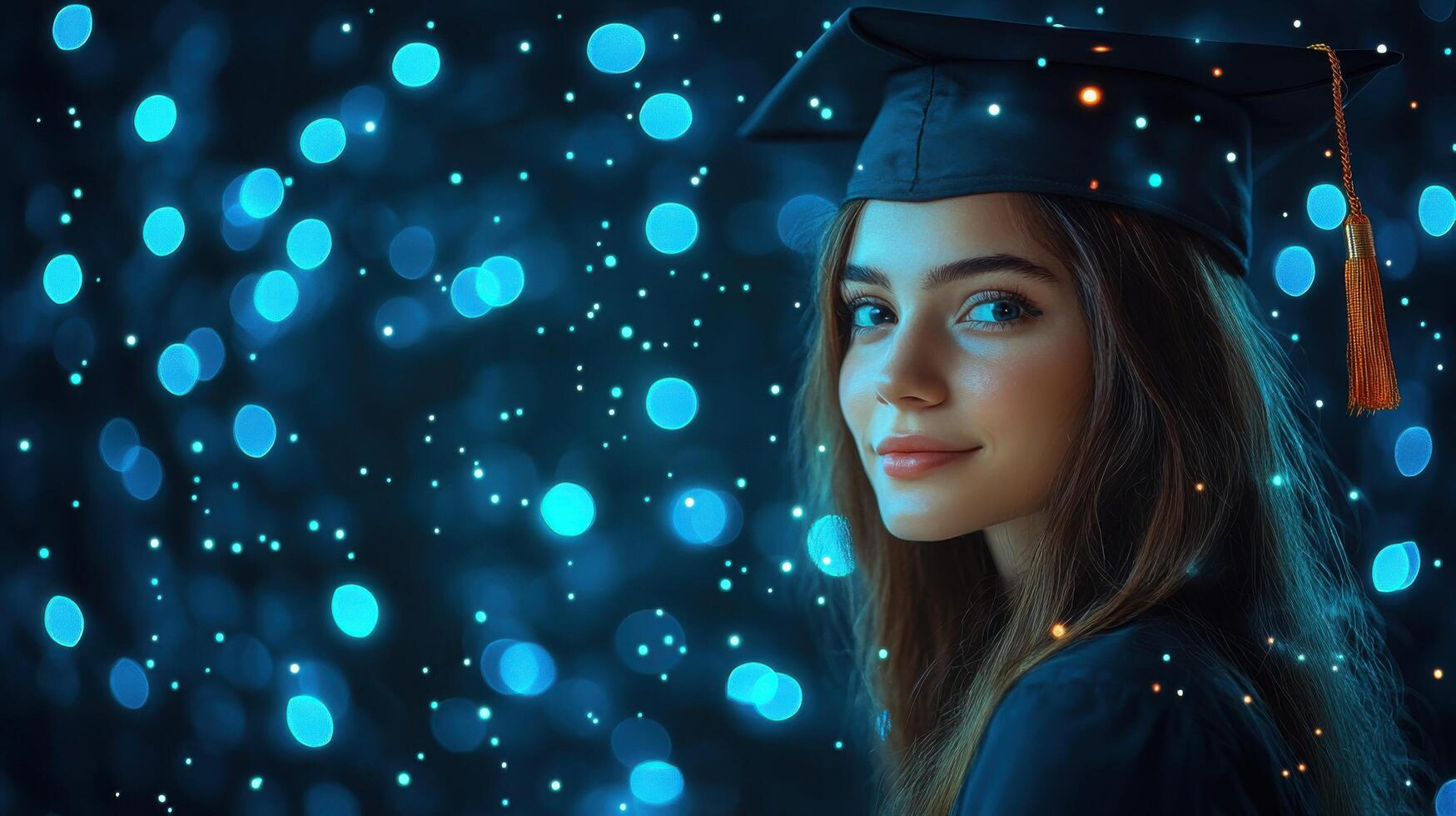 Joyful graduate celebrating academic achievement with sparkling lights in the background photo