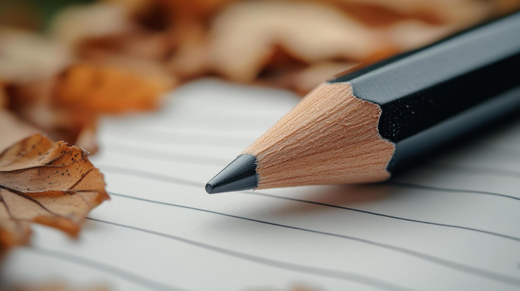 Close-up of a pencil resting on lined paper surrounded by autumn leaves during a quiet afternoon photo