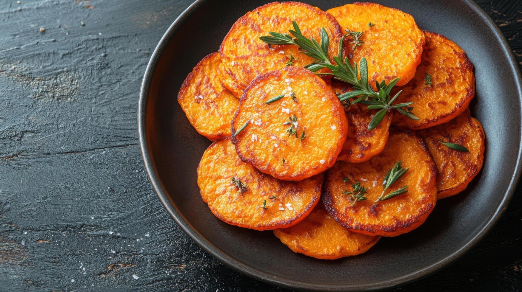 Sweet potato slices cooked to golden perfection with herbs served on a black plate for a delightful meal experience photo