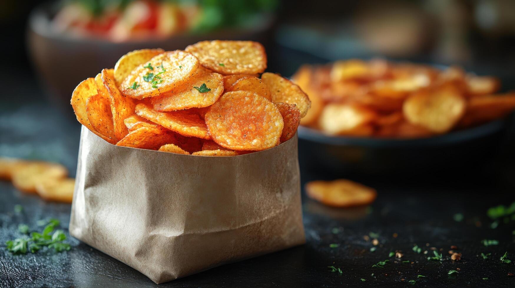 Crispy potato chips served in a paper bag with additional chips in the background at a rustic setting photo