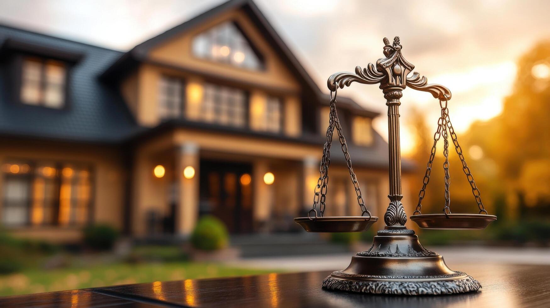 Elegant scales of justice in front of a modern home during sunset photo