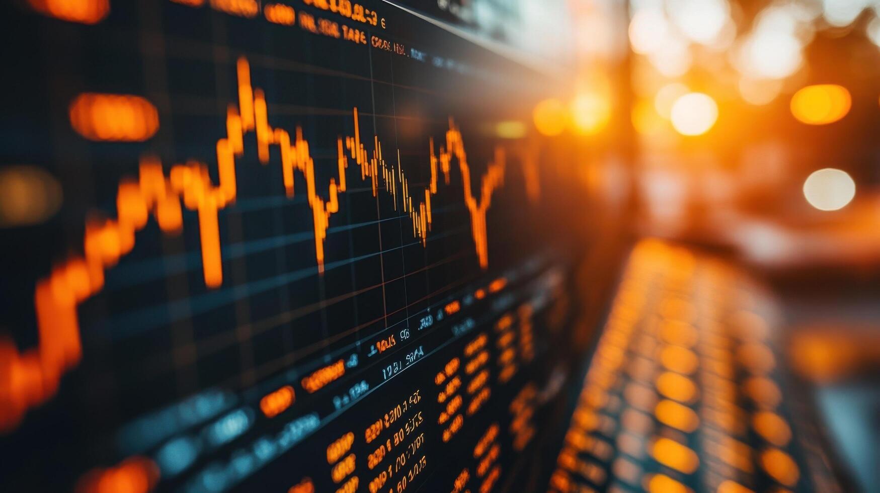 Financial market analysis with glowing candlestick charts during sunset for traders and investors photo