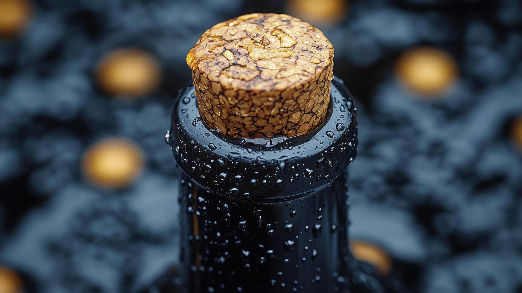Close-up of a champagne cork on a bottle with droplets of water during celebration preparation photo