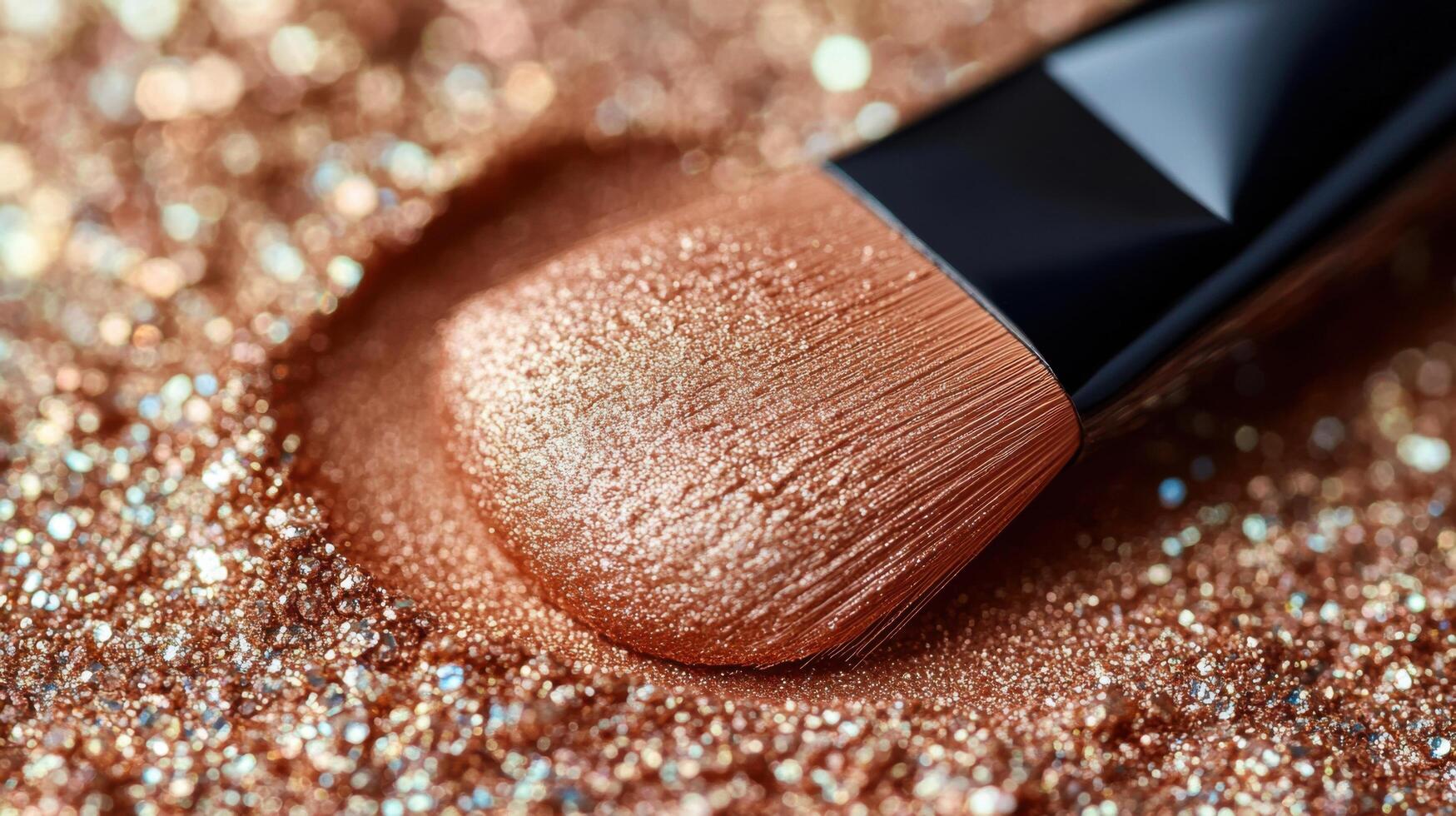Makeup brush resting on copper shimmer powder with sparkling particles during a beauty routine photo