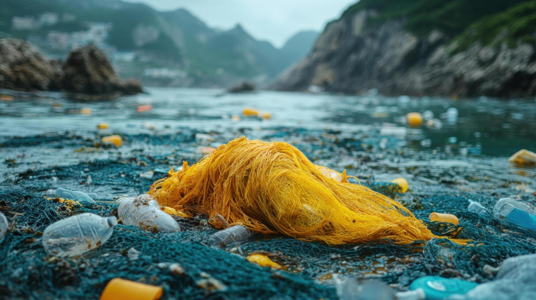 Plastic debris and fishing net clutter the tranquil waters near the rocky coastline during overcast weather photo