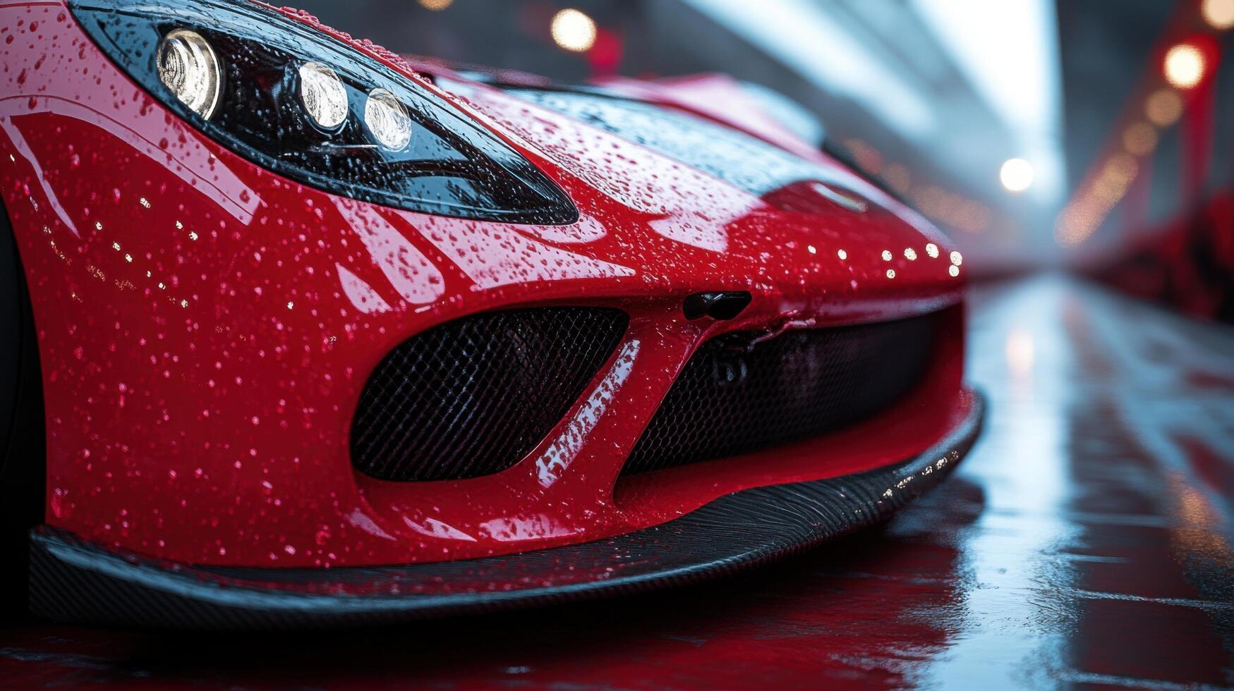 Red sports car parked in rain on a reflective surface at an auto display venue during a cloudy day photo