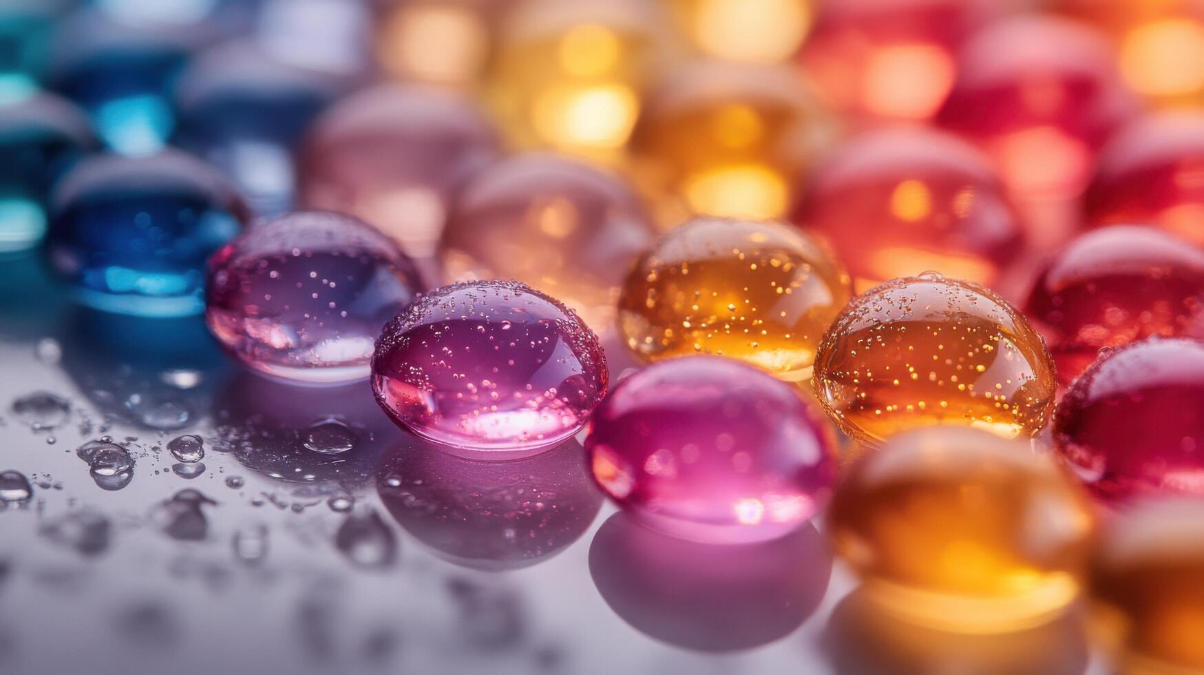 Colorful droplets gather on a reflective surface, creating a vibrant display of water beads in various hues and sizes photo