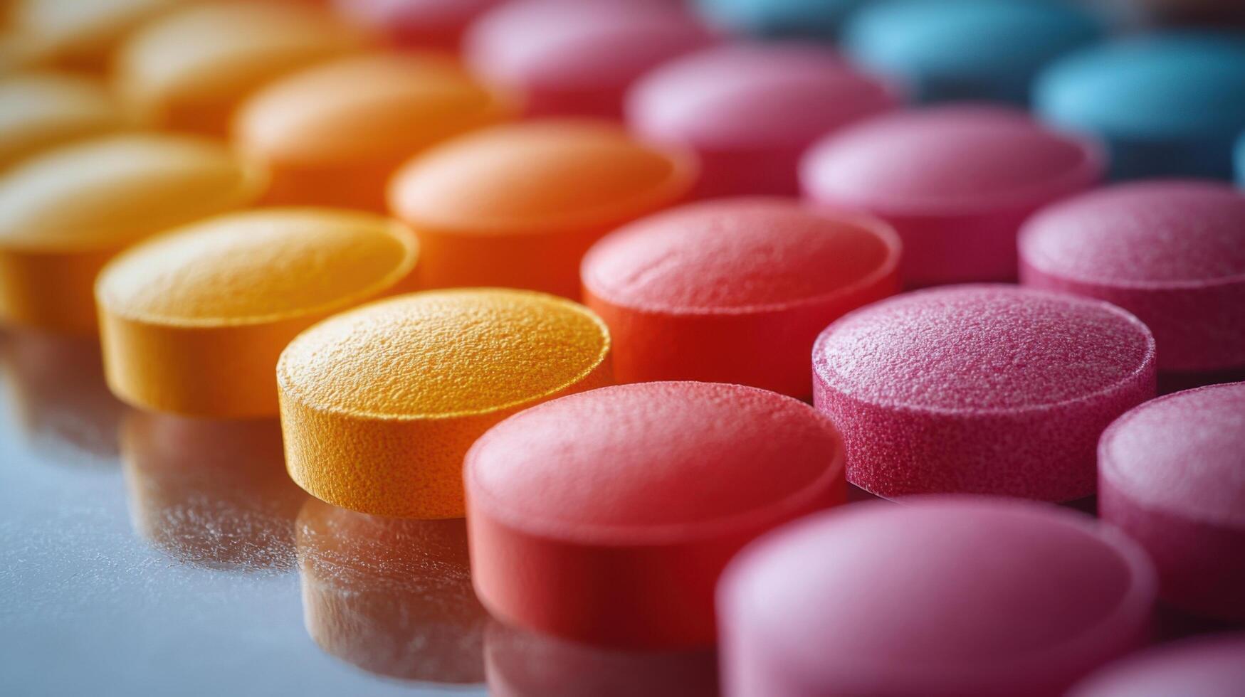 Colorful tablets arranged in neat rows on a reflective surface creating a vibrant display photo