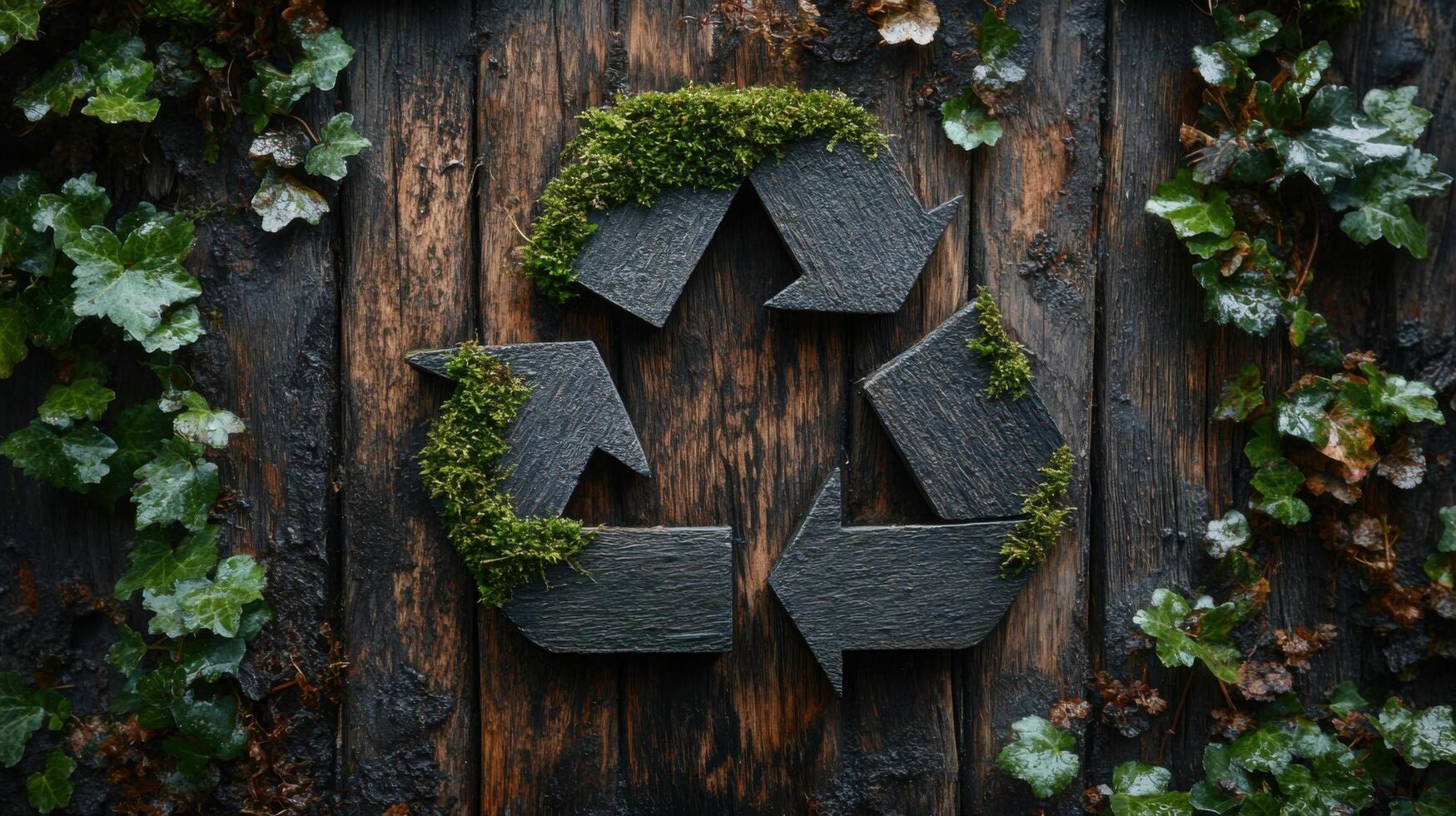 Recycling symbol adorned with moss and greenery on a rustic wooden background in an eco-friendly setting photo
