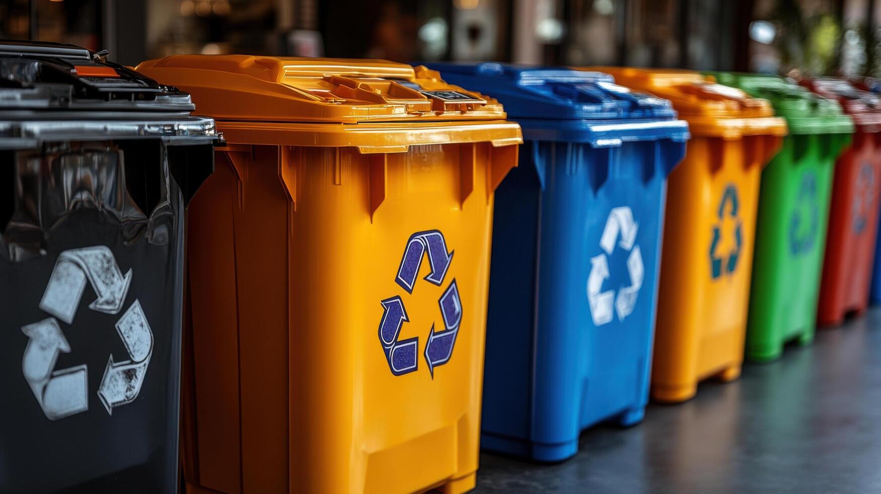Colorful recycling bins arranged in a row, promoting waste separation in a community space photo