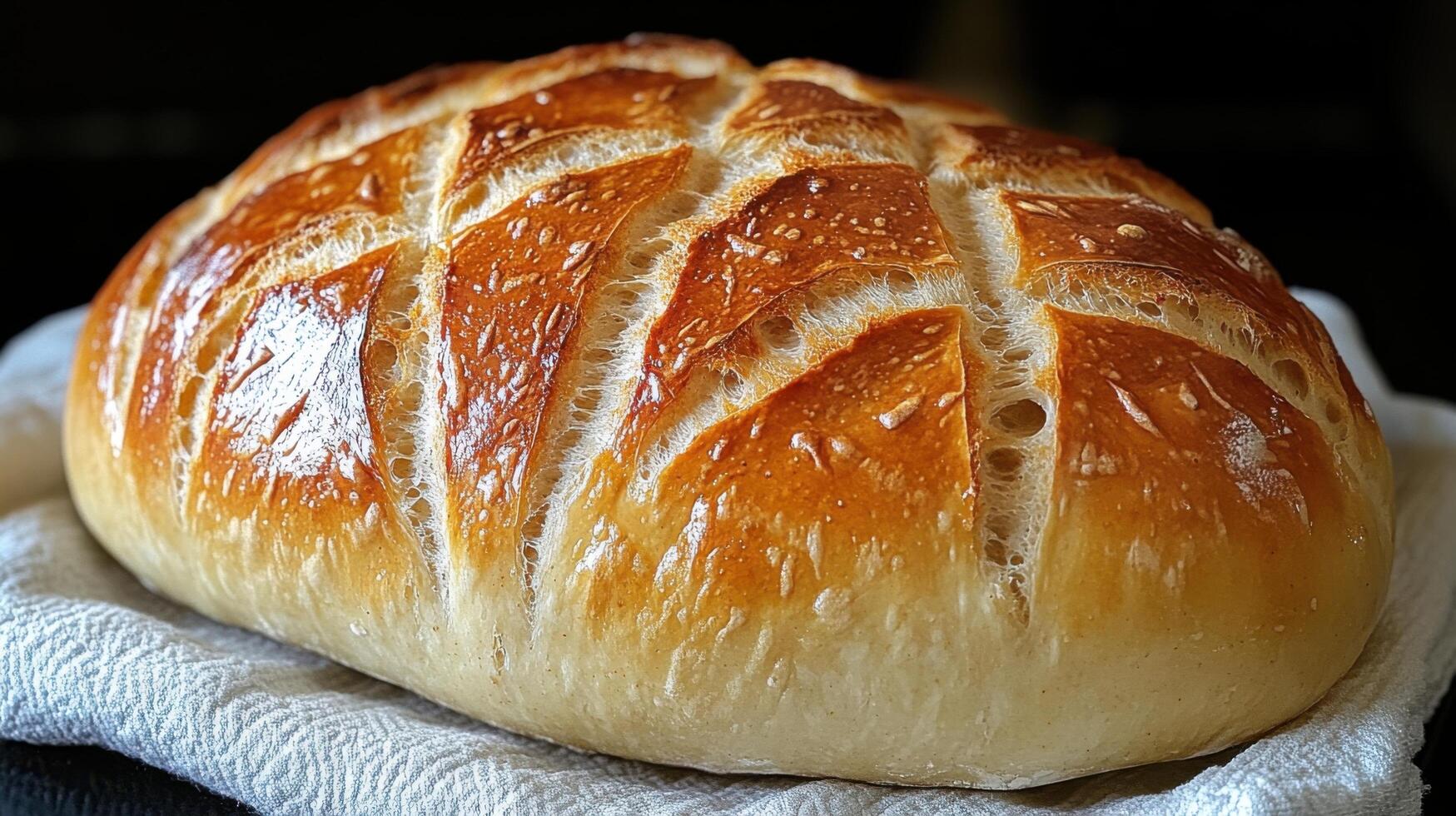 Freshly baked artisanal bread on a cloth, showcasing a golden crust and soft interior texture in a cozy kitchen setting photo