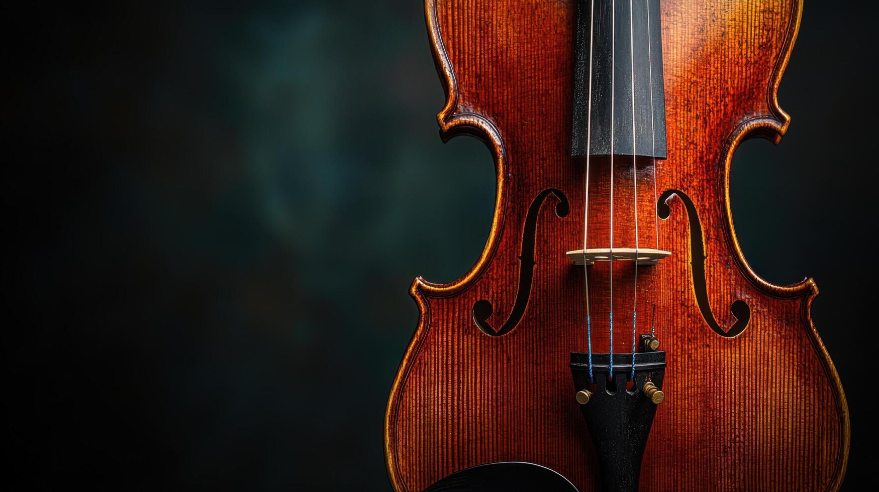Beautiful close-up of a handcrafted wooden violin with intricate detailing in a dark setting photo
