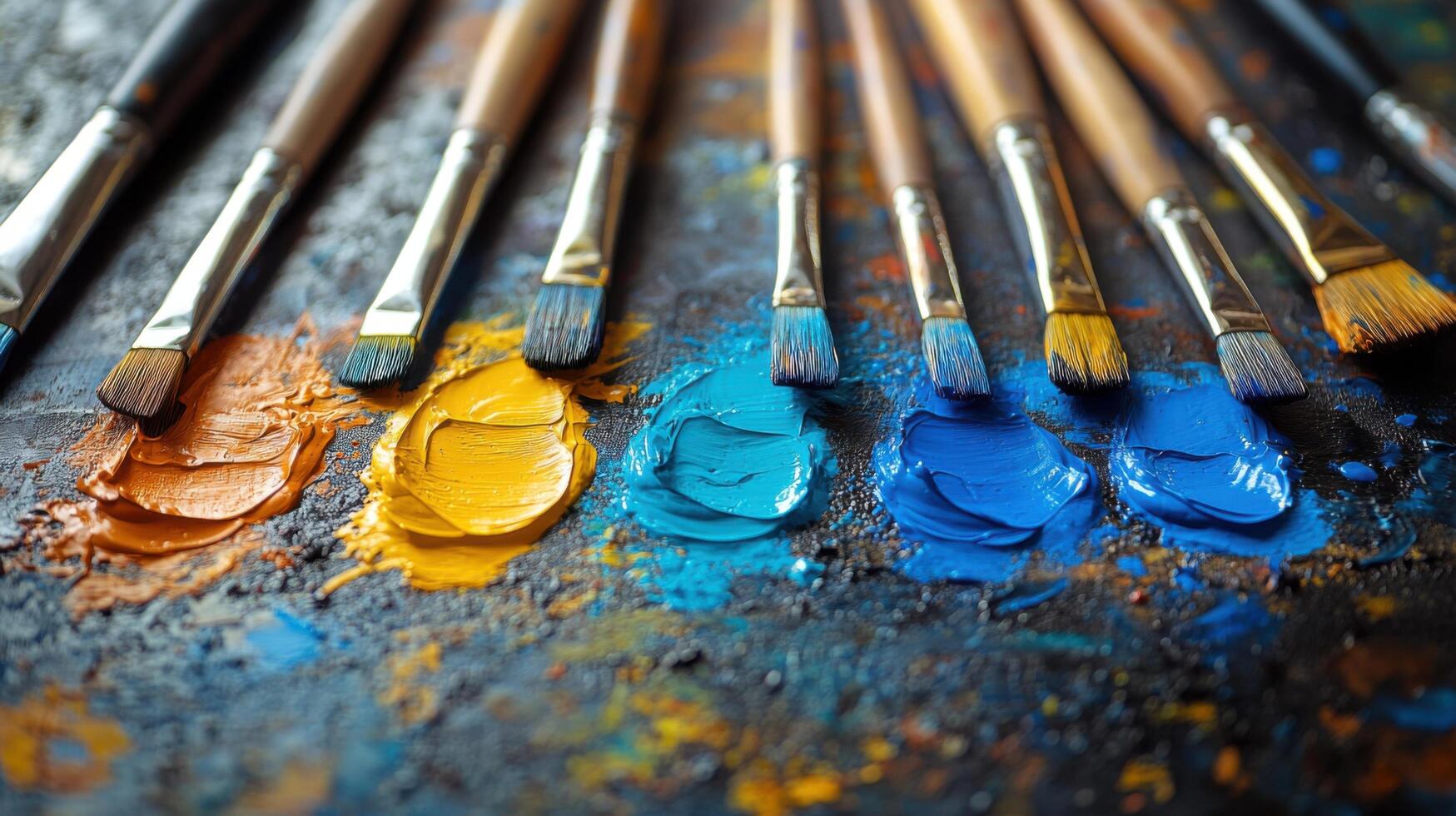 Vibrant colors and brushes arranged on a painter's palette ready for artistic expression in a creative workspace photo