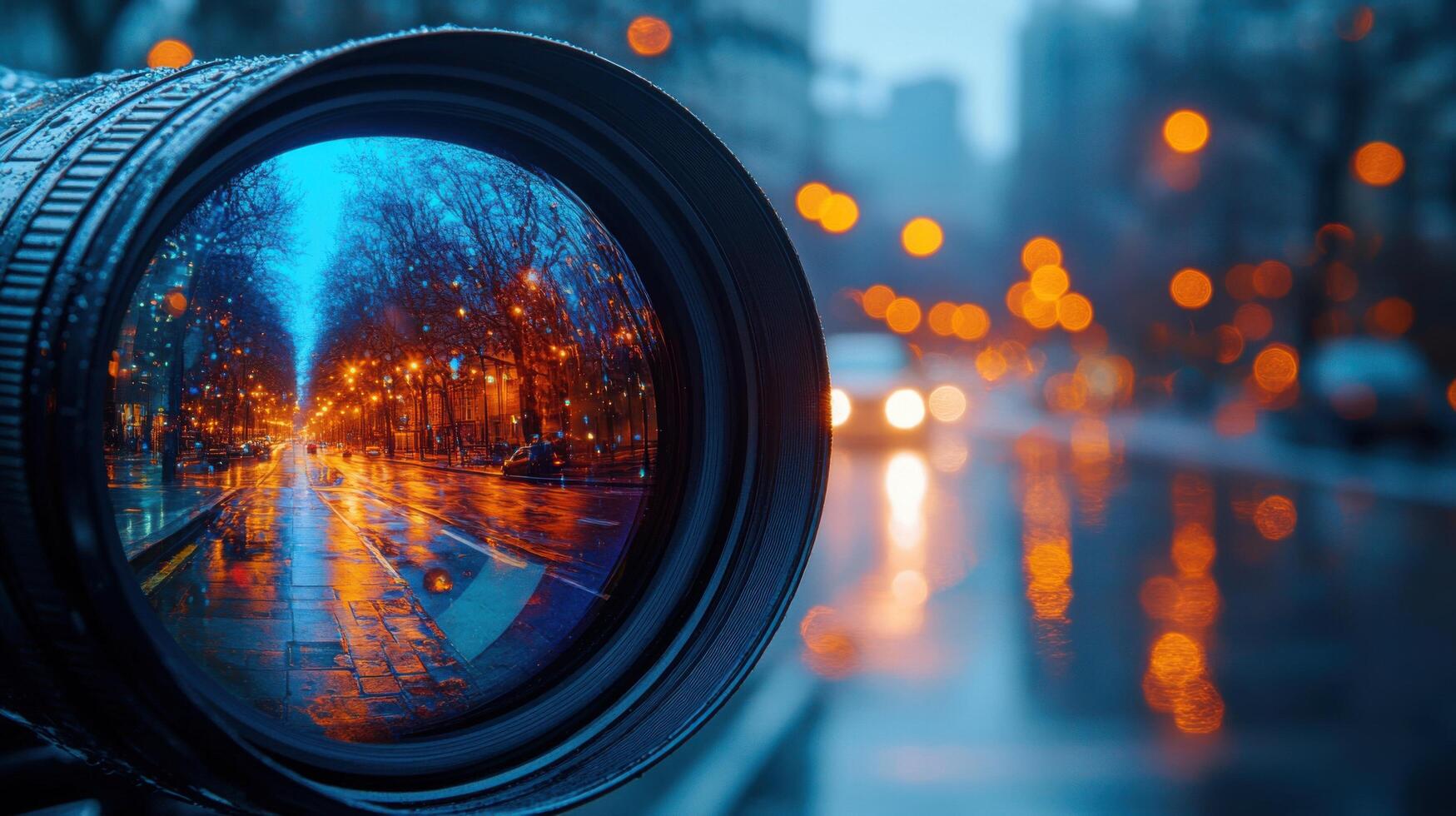 Capturing a rainy city street at dusk through a camera lens reflecting shimmering lights and colors photo