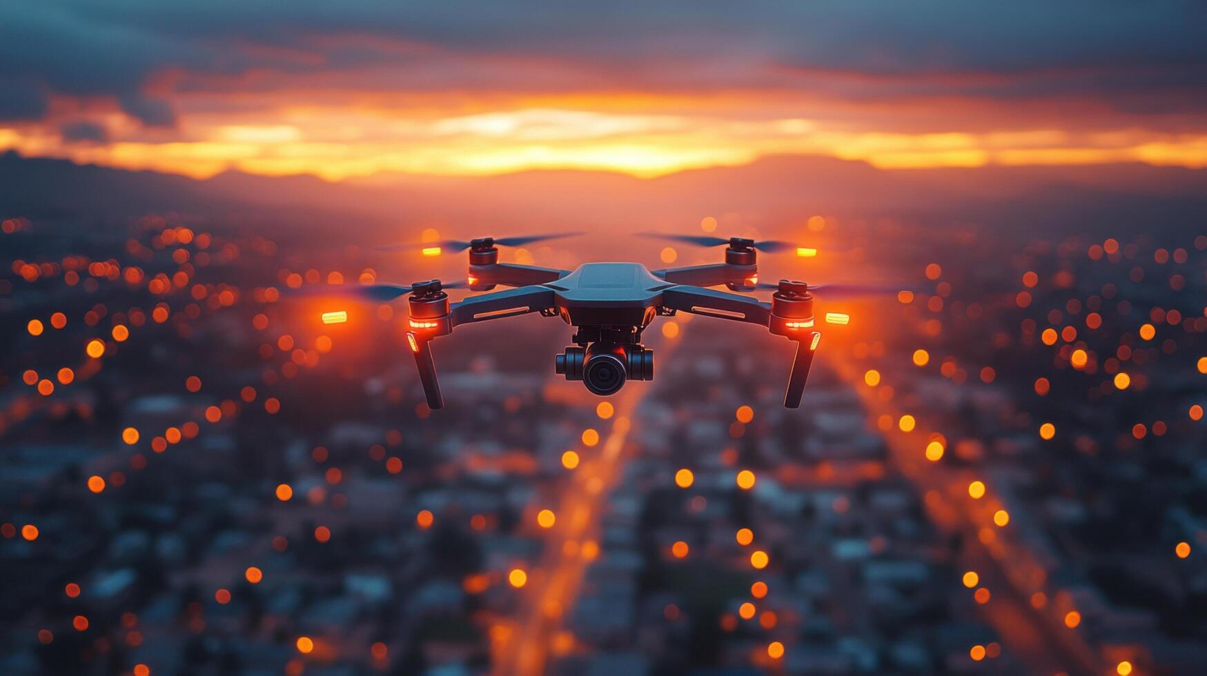 Drone captures city skyline at sunset with glowing lights and dramatic clouds in evening sky photo