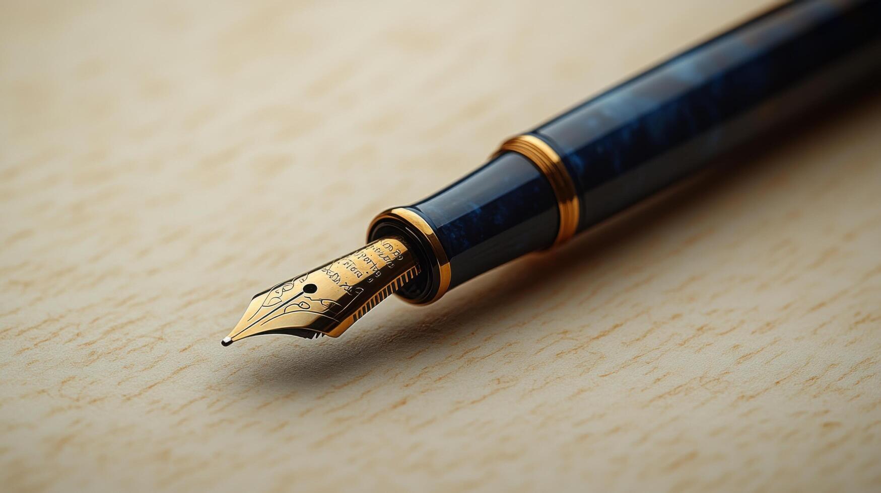 Elegant fountain pen resting on a wooden surface, showcasing intricate detailing and craftsmanship in bright light photo