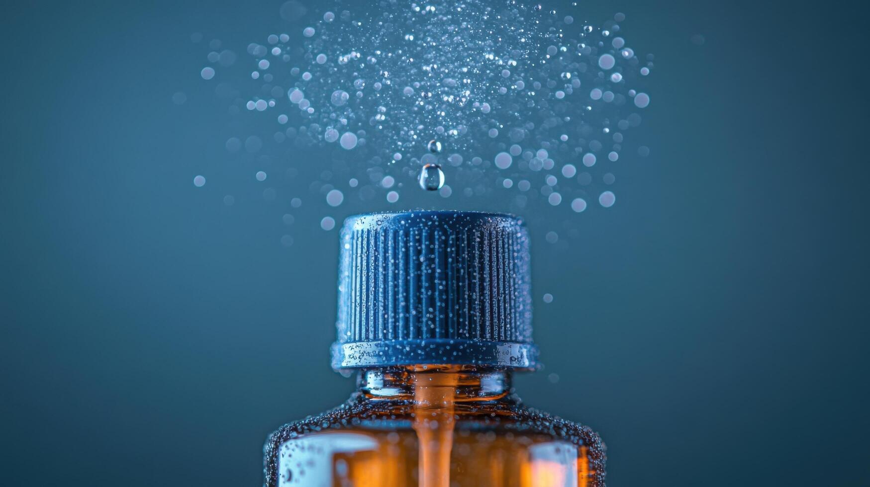 Close-up view of a glass bottle pouring liquid with droplets and bubbles in a focused light setting photo