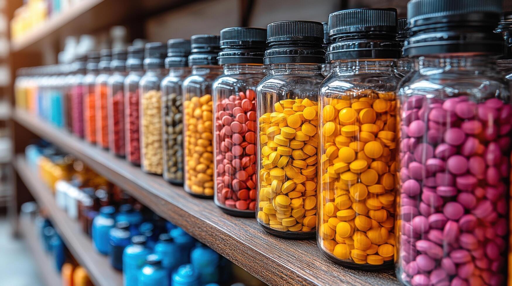 Colorful assortment of pills and capsules displayed in glass jars on a wooden shelf in a pharmaceutical store photo