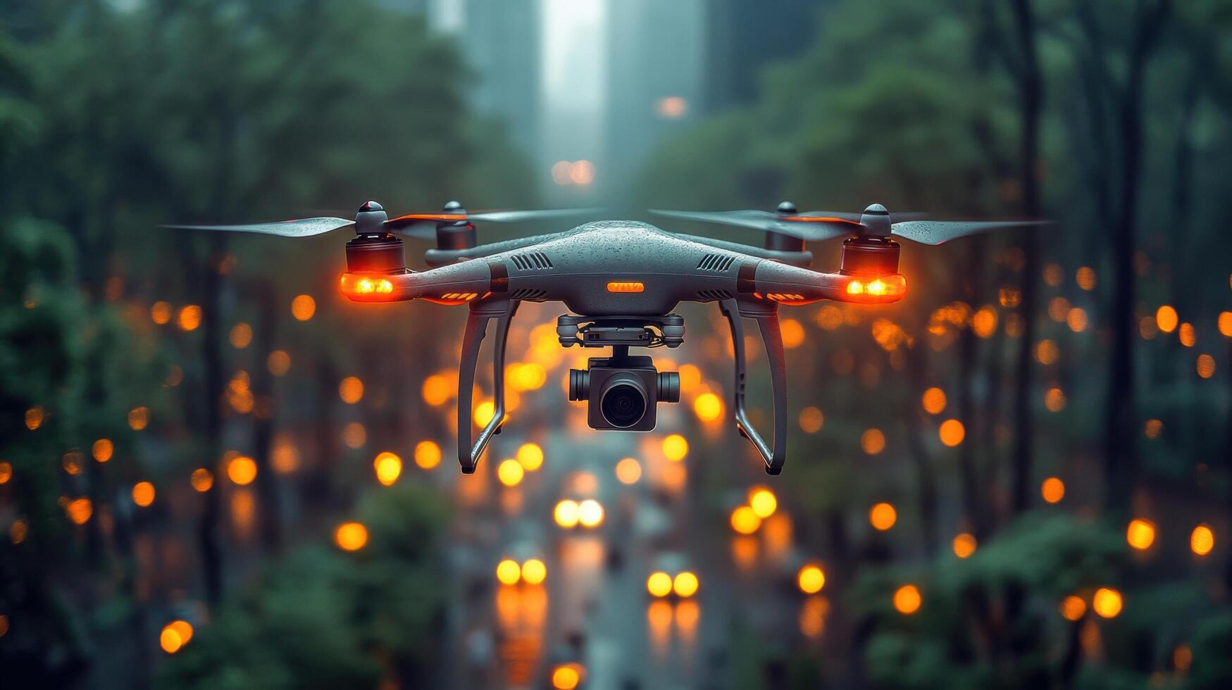 Drone flying above a busy urban street at dusk captured with glowing lights and tall buildings in the background photo