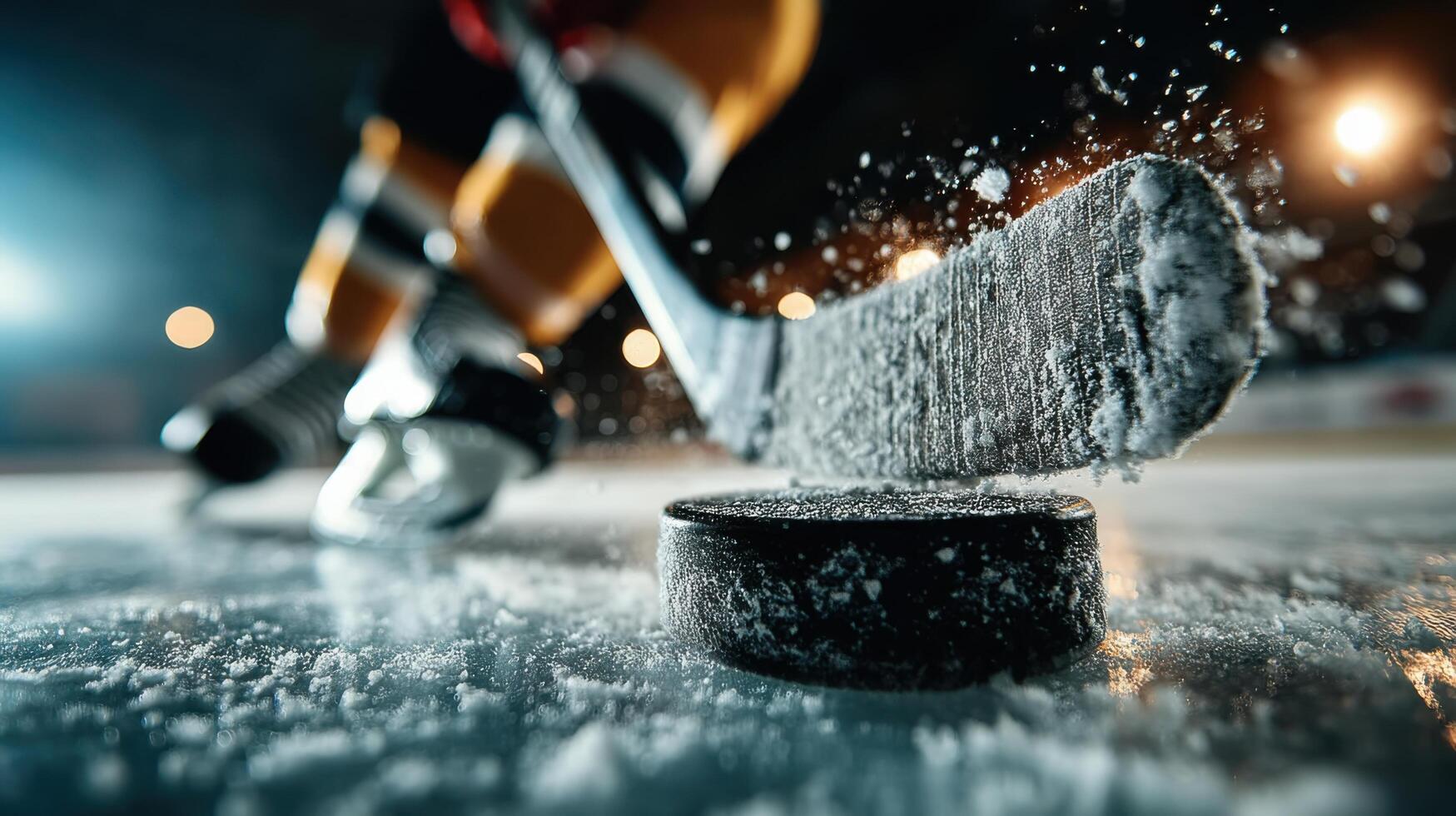Hockey player strikes puck on ice during evening match at indoor arena with focused intensity and skill photo