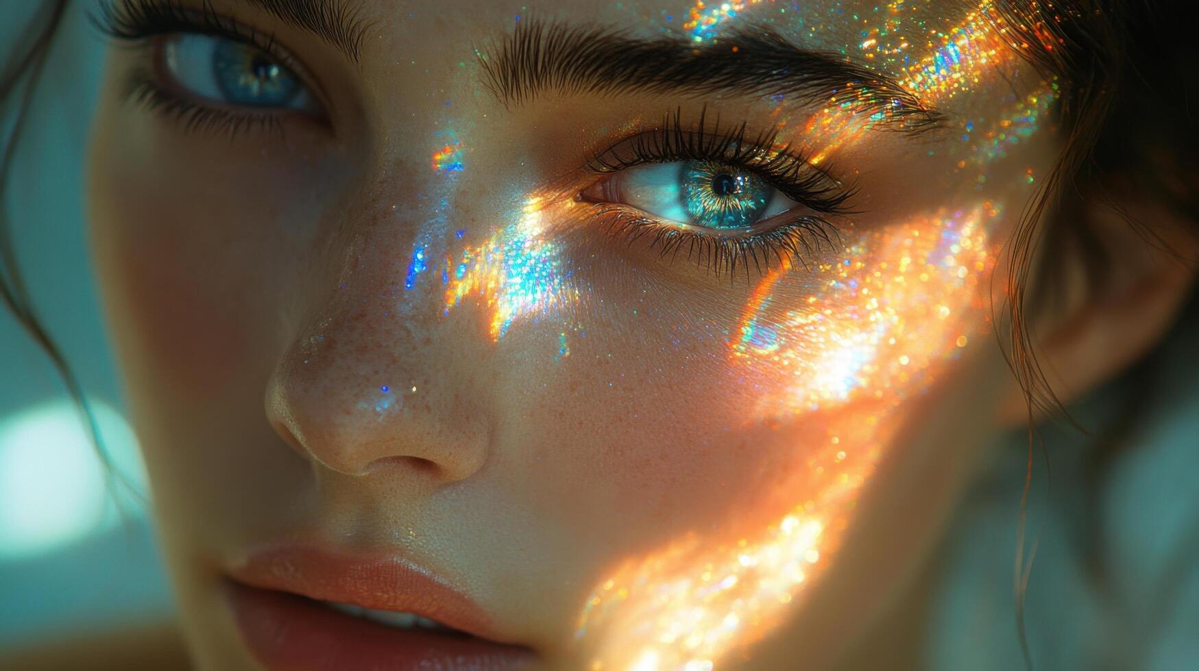 Soft light creates colorful reflections on a woman's face highlighting her striking features in a serene setting photo