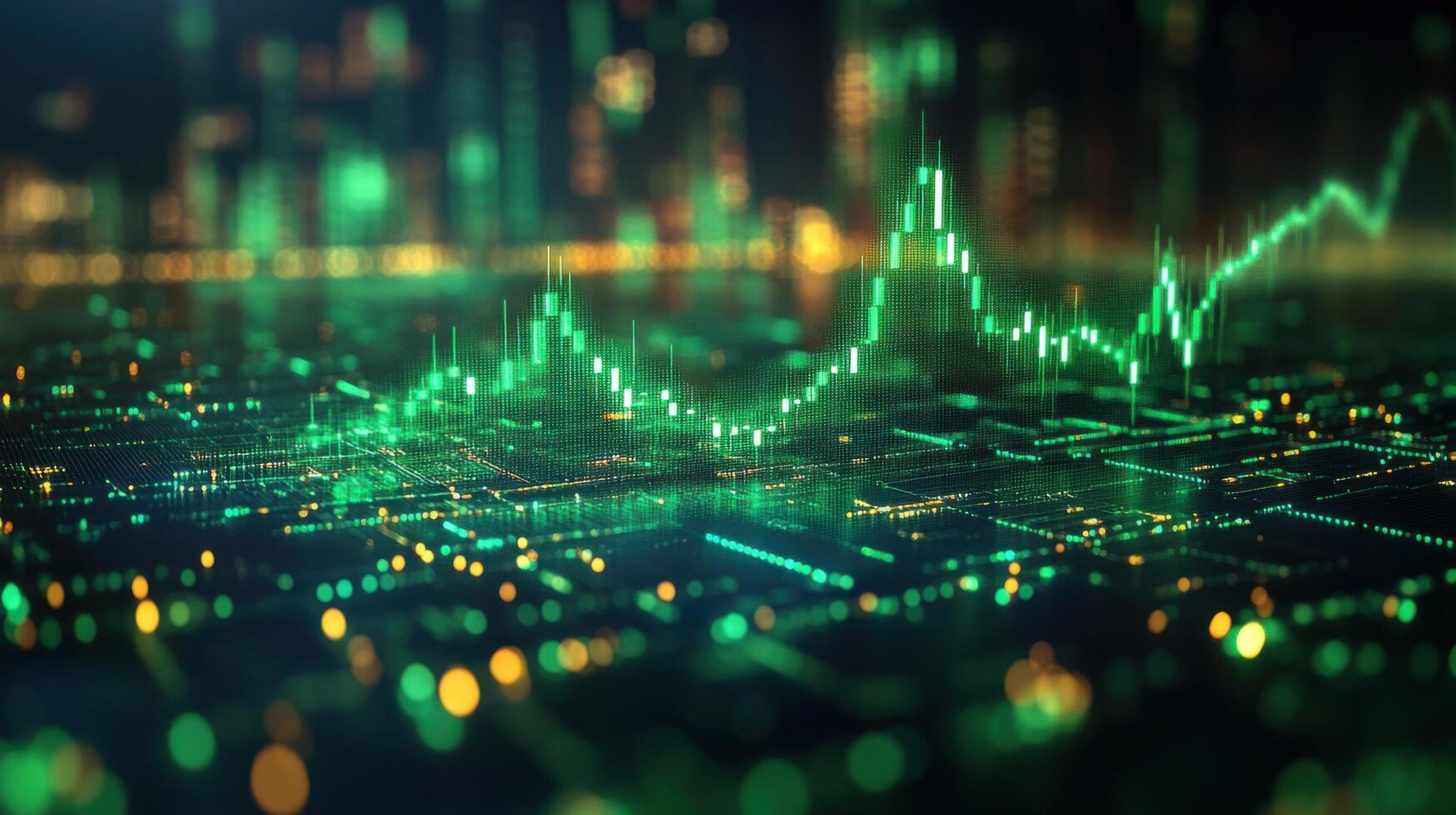 Digital stock market graph representing financial trends and data analysis in a modern city setting at night photo