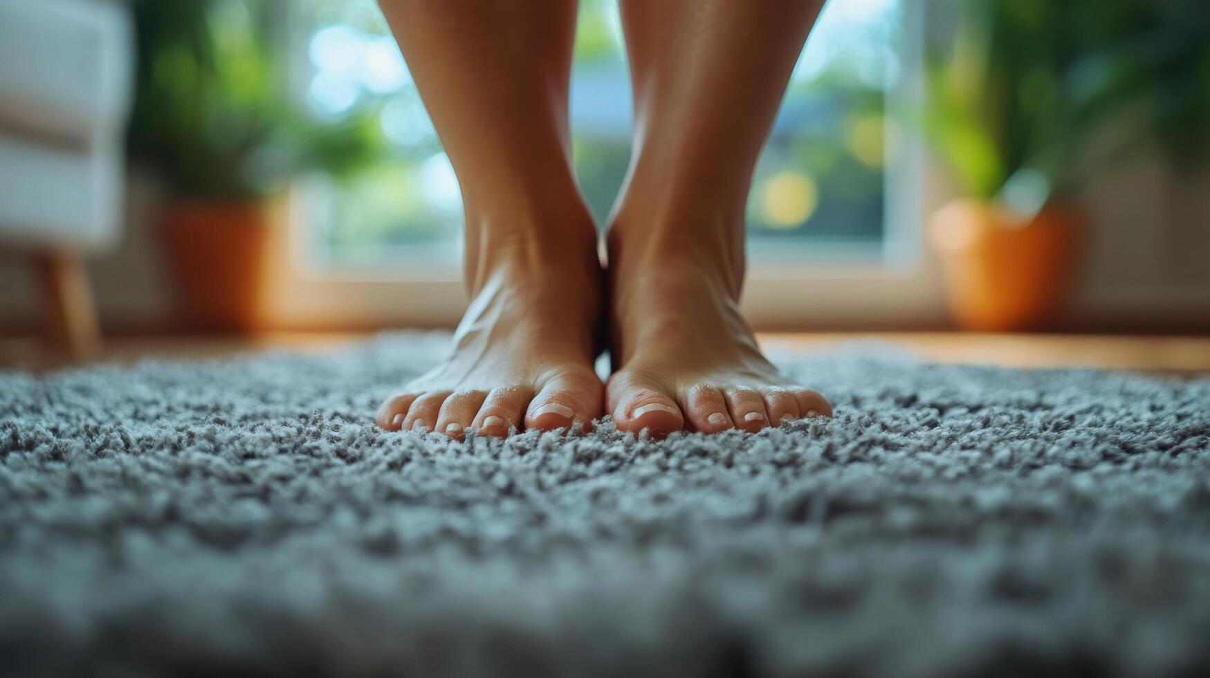 Standing on a soft rug, a person enjoys the comfort of their home in a well-lit, cozy room with plants photo