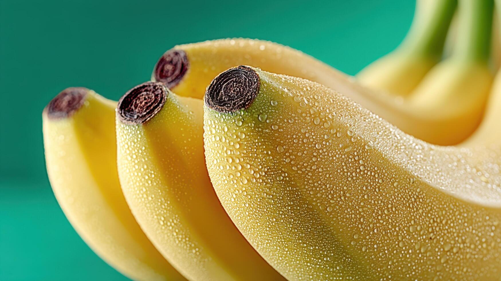 Fresh bananas with droplets on them showcasing vibrant yellow color and smooth texture against a green background photo