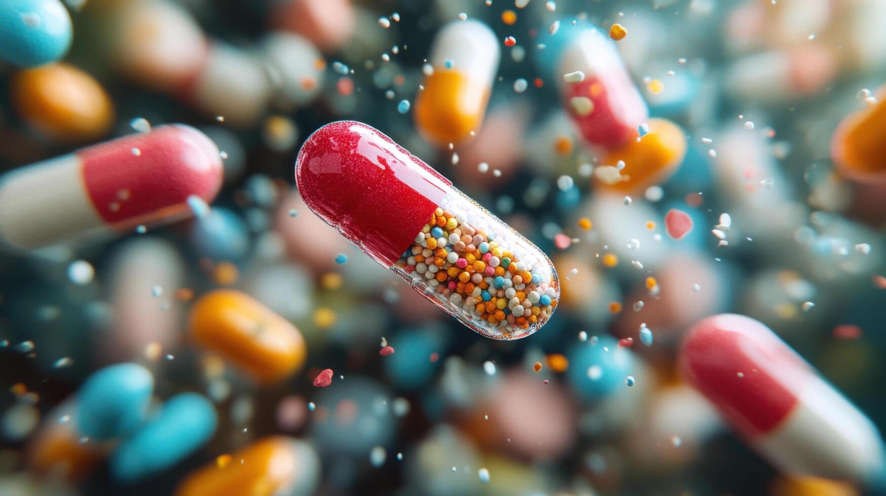Colorful capsules spilling into the air in a dynamic representation of pharmaceuticals and health photo