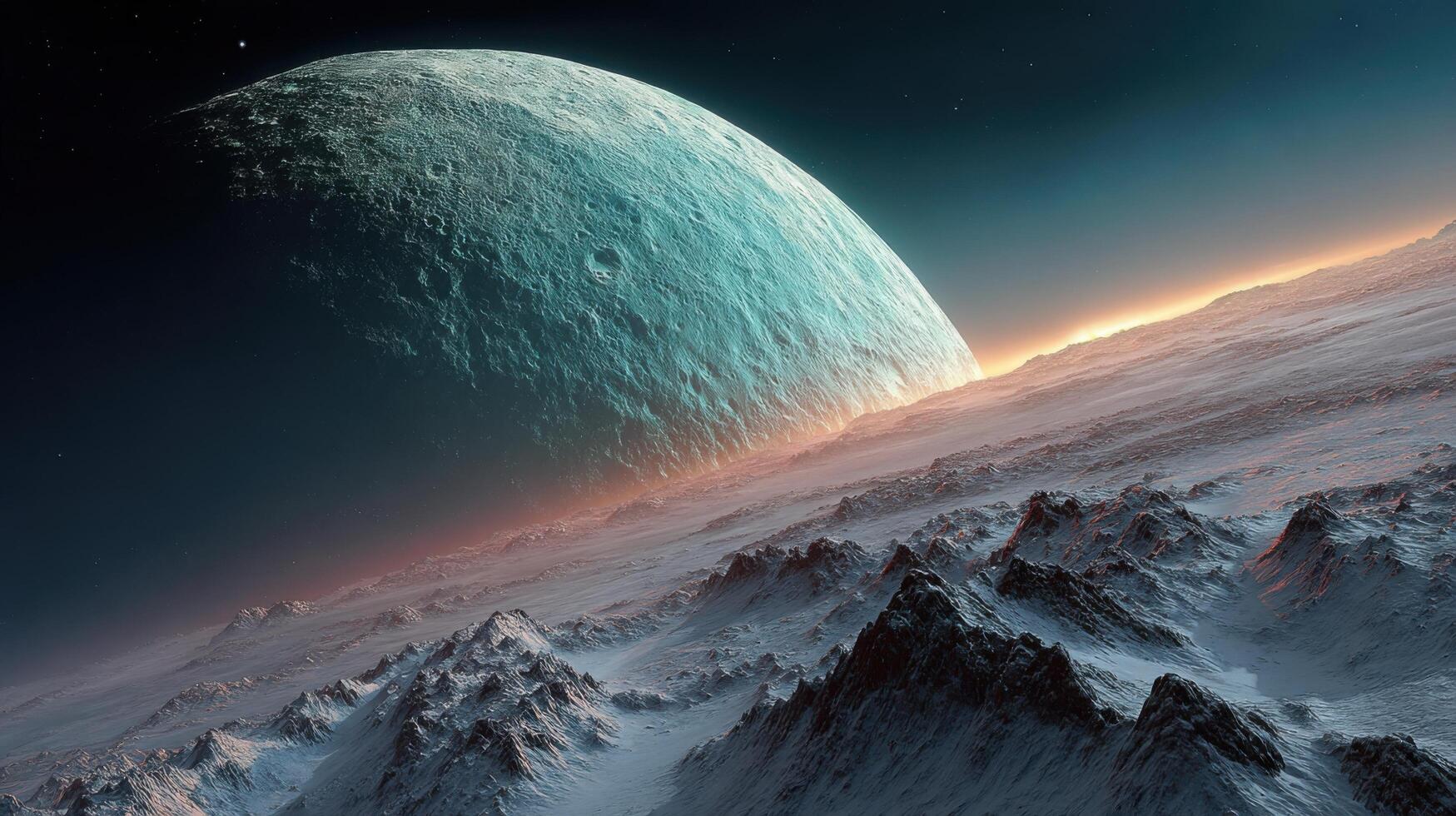 Alien landscape with a large moon rising over icy mountains during an otherworldly twilight photo