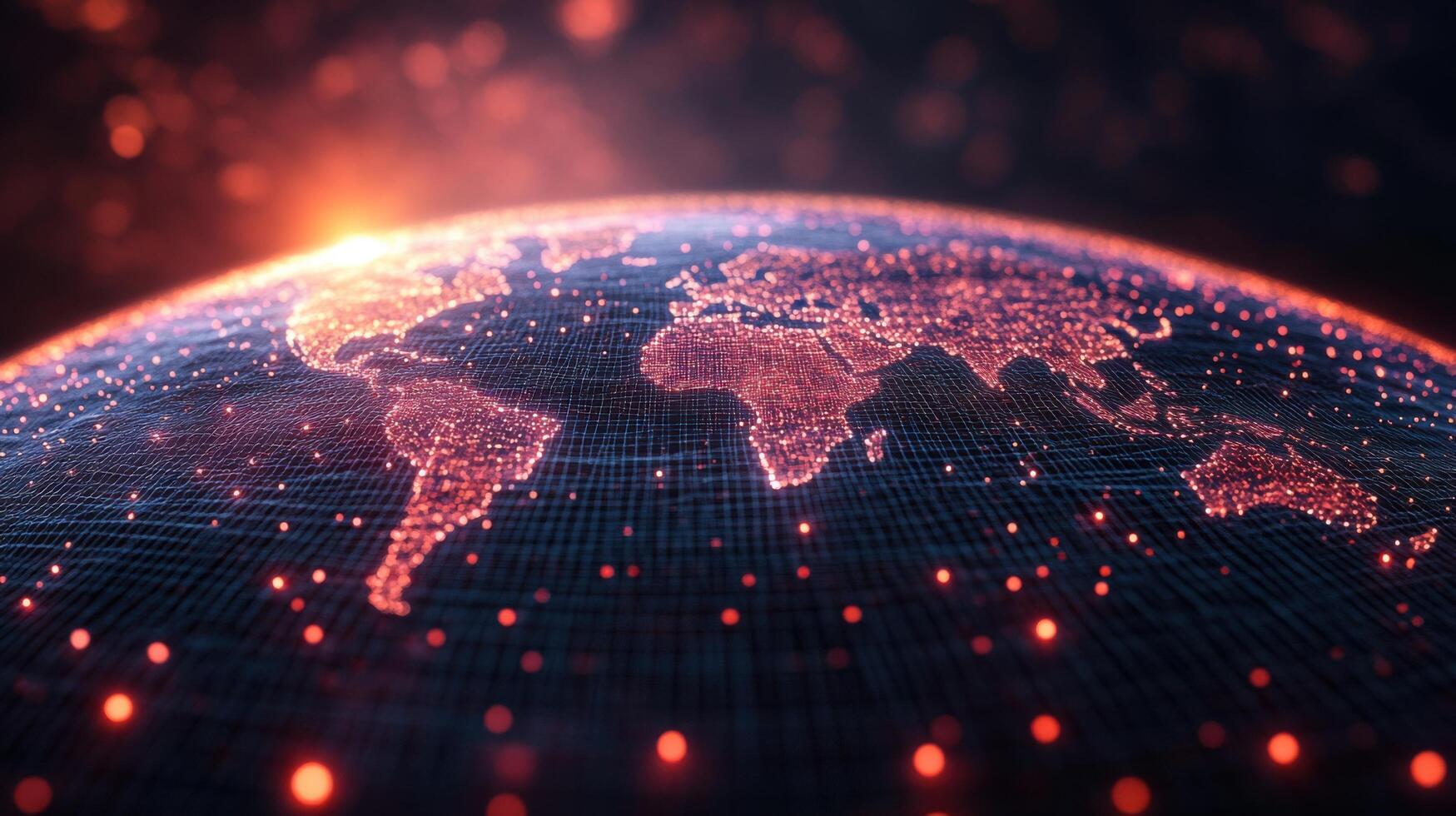 Illuminated world map glowing with interconnected dots and lines showcasing global networks and data visualization photo