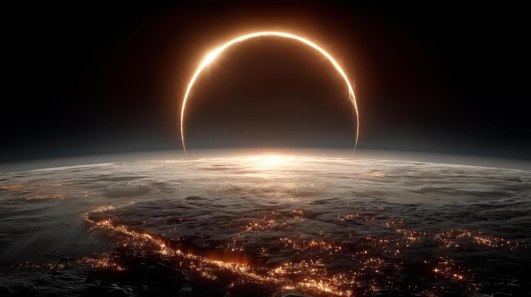 Stunning solar eclipse viewed from space over Earth showcasing dramatic shadows and bright sunlight photo