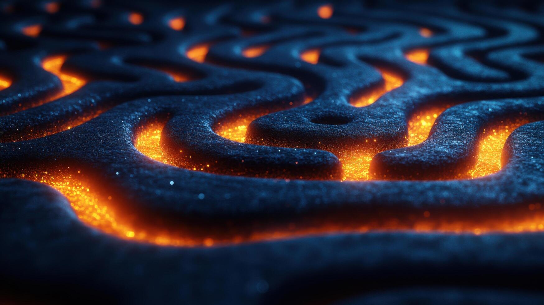 Flames glow within a labyrinth of dark volcanic rock during twilight, showcasing nature's raw power and beauty in a mesmerizing pattern photo
