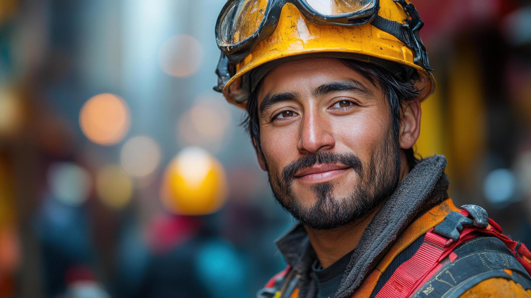 Worker smiles confidently during construction in urban setting showcasing focus and dedication to craft photo