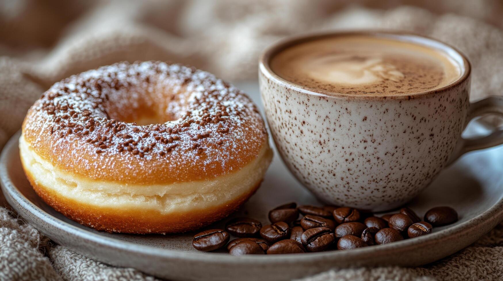 Freshly baked donut with a cup of coffee on a rustic plate during morning break photo