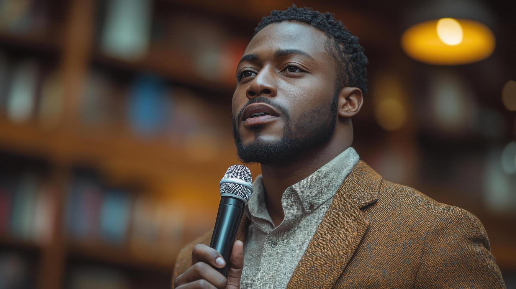 Speaker giving an inspiring talk in a cozy library setting during a community event photo