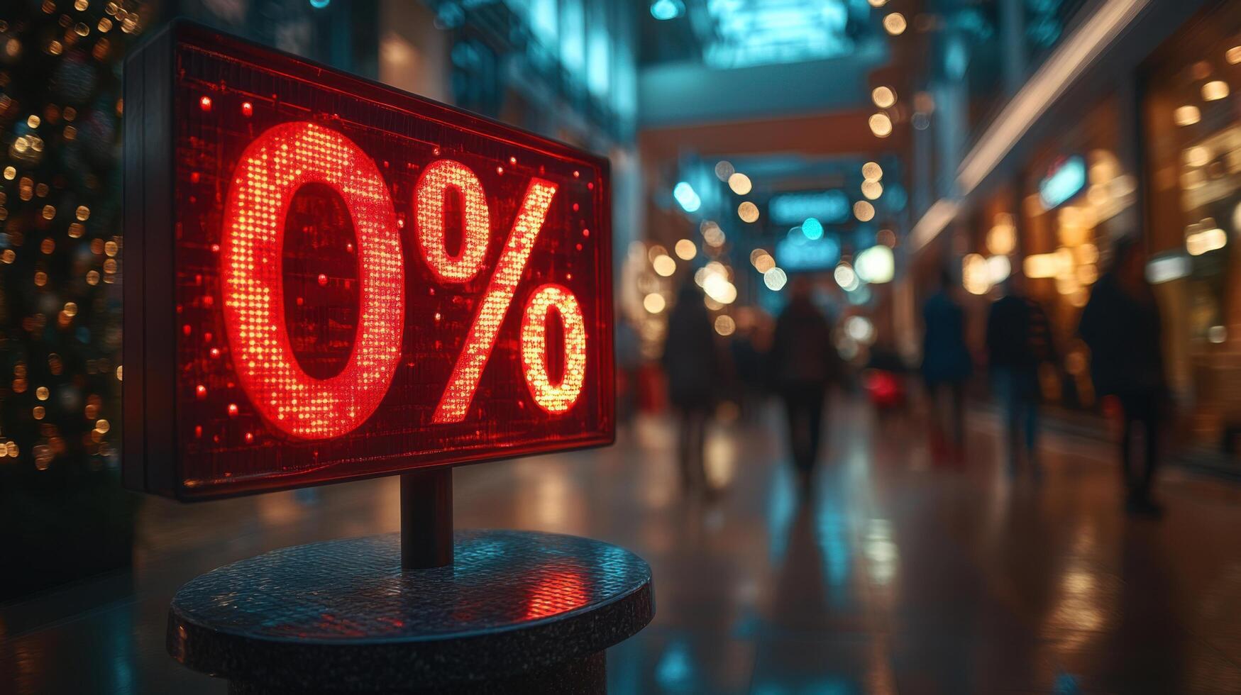Bright red discount sign indicating zero percent sales in shopping mall during holiday season evening photo