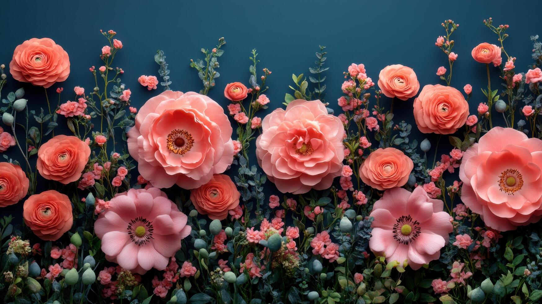 Vibrant display of coral flowers arranged harmoniously against a blue background in a floral design showcase photo