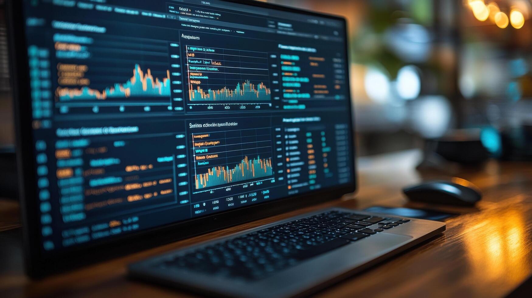 Data analysis on a computer screen displays financial charts and graphs in a modern office environment during evening hours photo