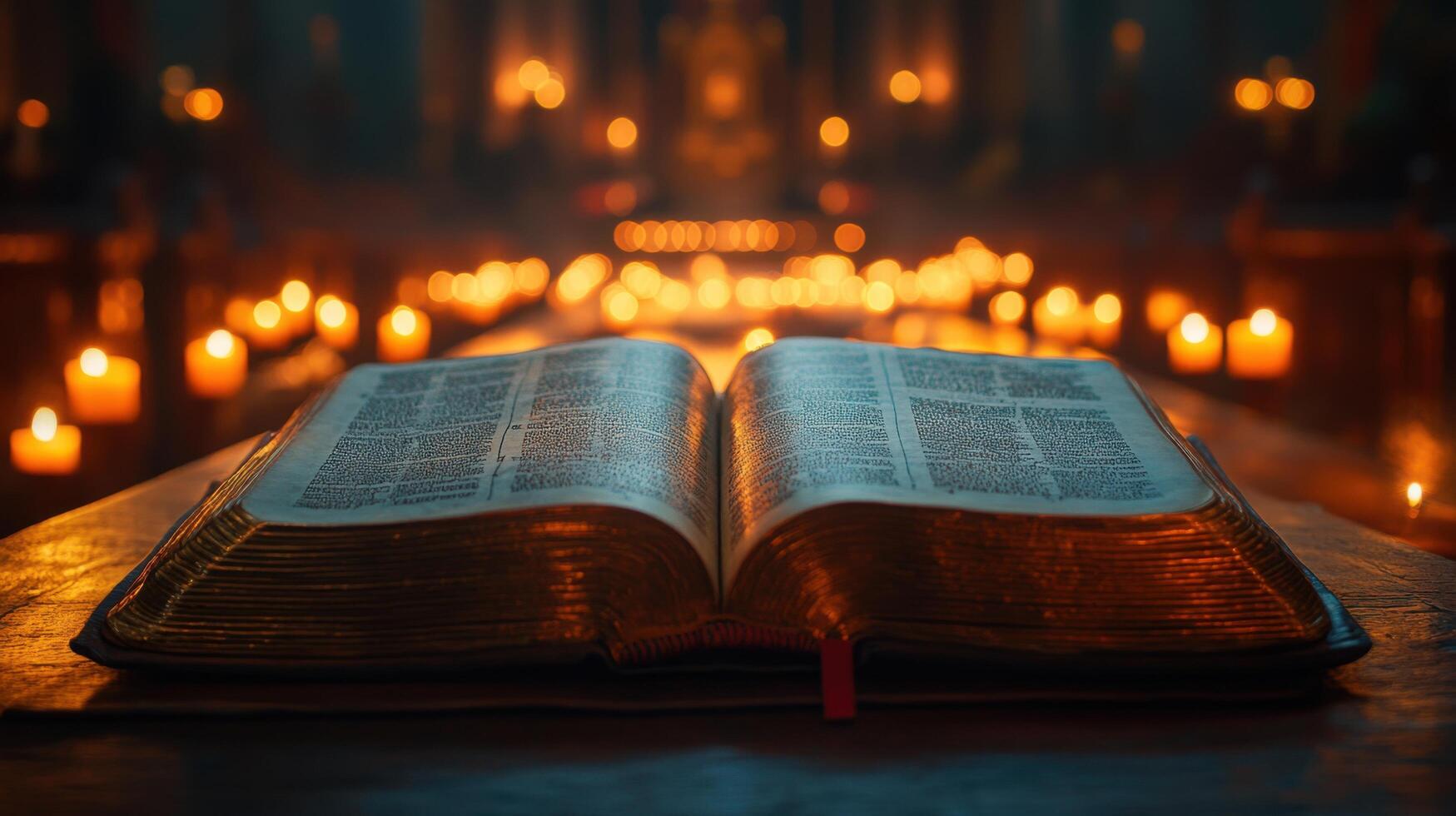 Open Bible resting on a wooden table surrounded by flickering candles in a dimly lit sanctuary photo